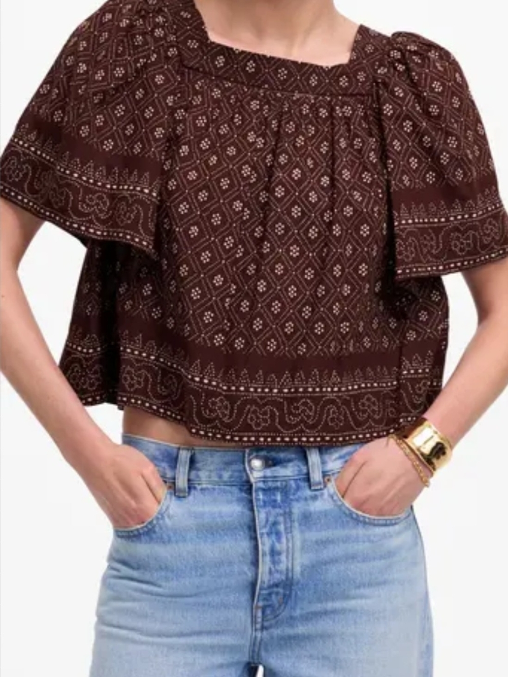 Madewell Flutter Sleeves Size Small Cotton Blend Boxy Relaxed Geometric Floral